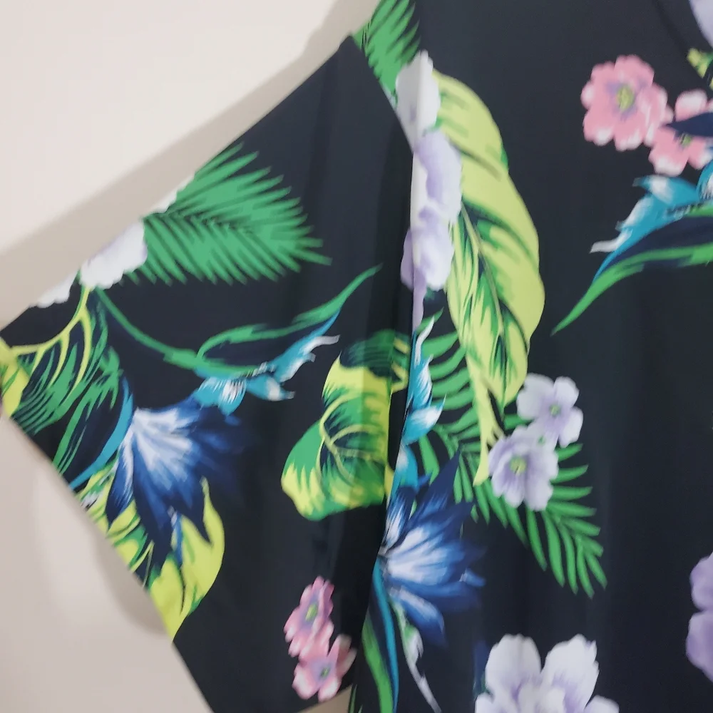 NWT Cacique Two Piece Swimsuit Blouson Tee Bikini Bottom Black Floral Size 18